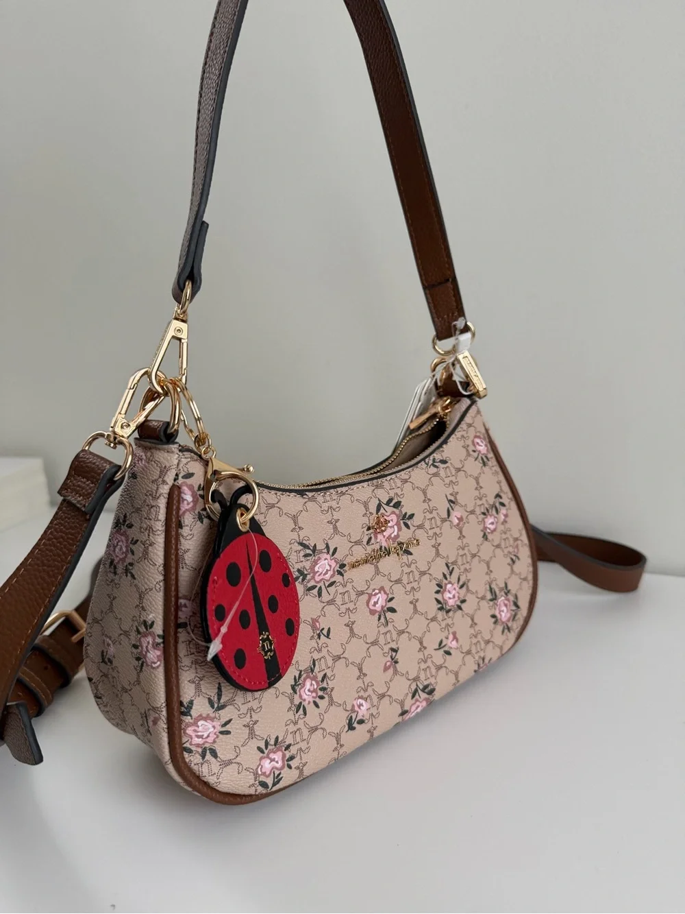 Nanette Lepore Pink Floral Shoulder Bag with Brown Trim